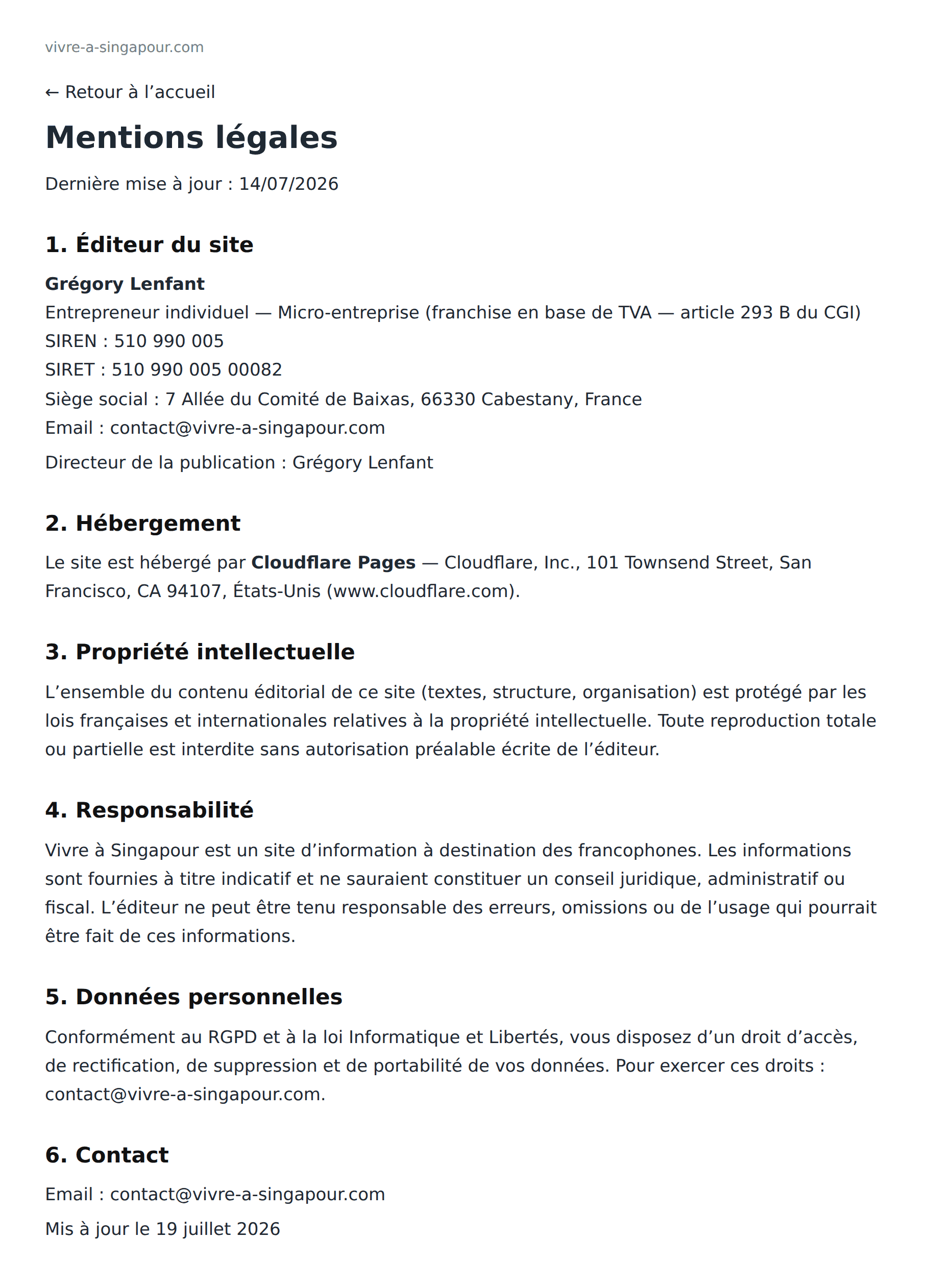 Mentions légales de vivre-a-singapour.com : éditeur, directeur de la publication, hébergement, propriété intellectuelle, responsabilité et contact